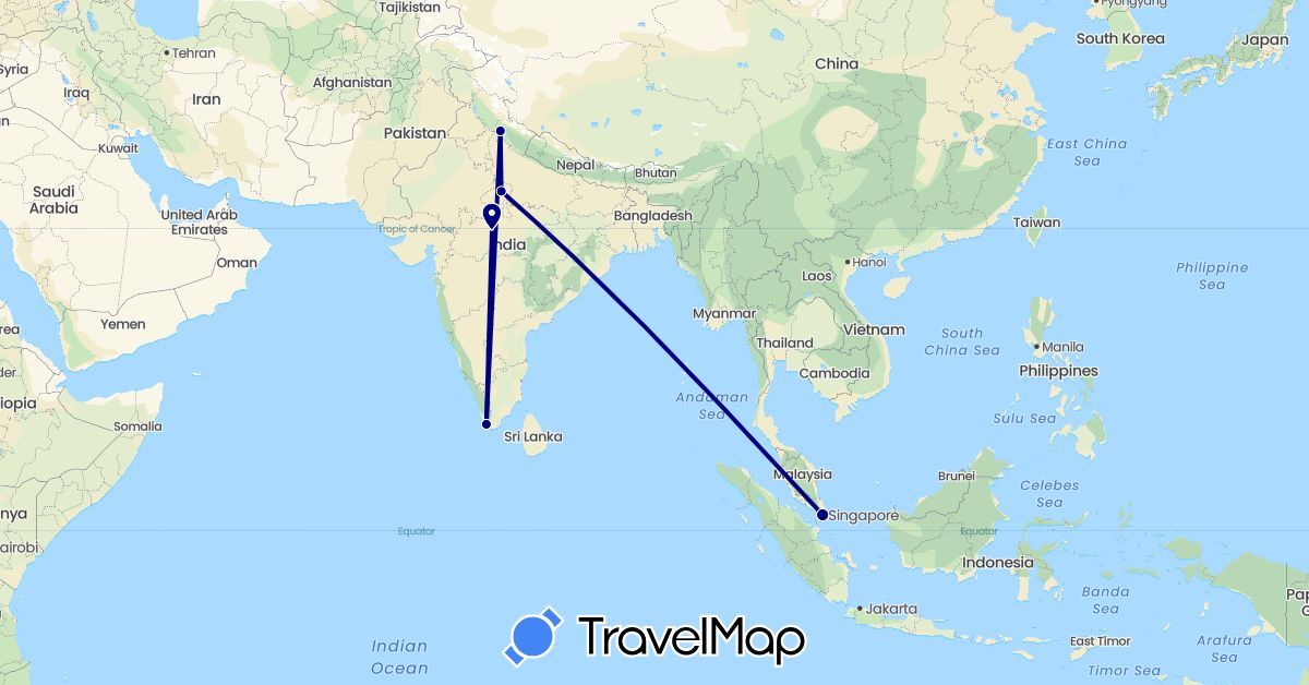 TravelMap itinerary: driving in India, Singapore (Asia)